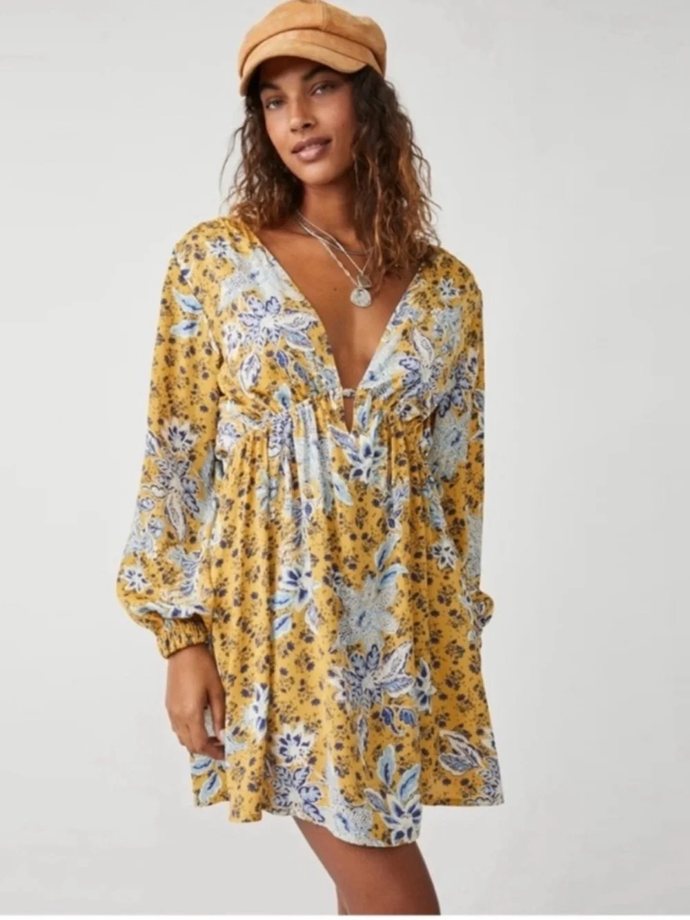 Free People Yellow Floral V-Neck Smocked Waist Mini Dress